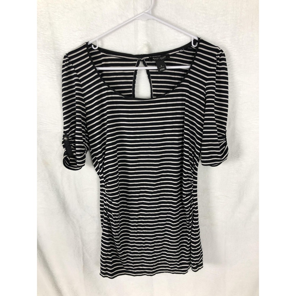 White House Black Market Shirt Womens Small Black White Striped Ruched Keyhole